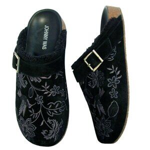 JOHNNY WAS Bluma $268 Black Sherpa Suede Embroidered Clogs Mules 8 - NWOB